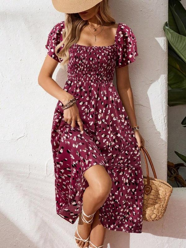 🌈✨Hopesleek® Square Neck Floral Midi Dress – Smocked Bodice, Flowy Tiered Skirt, Romantic🌸📍US