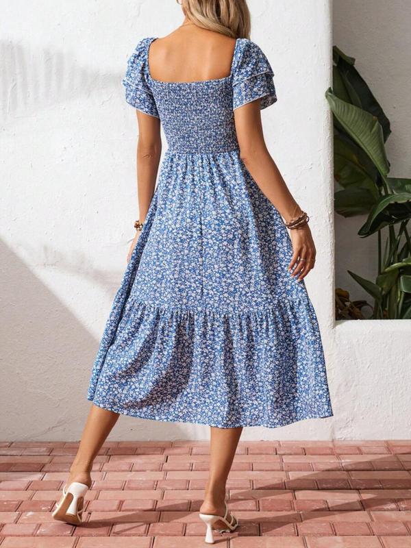 🌈✨Hopesleek® Square Neck Floral Midi Dress – Smocked Bodice, Flowy Tiered Skirt, Romantic🌸📍US