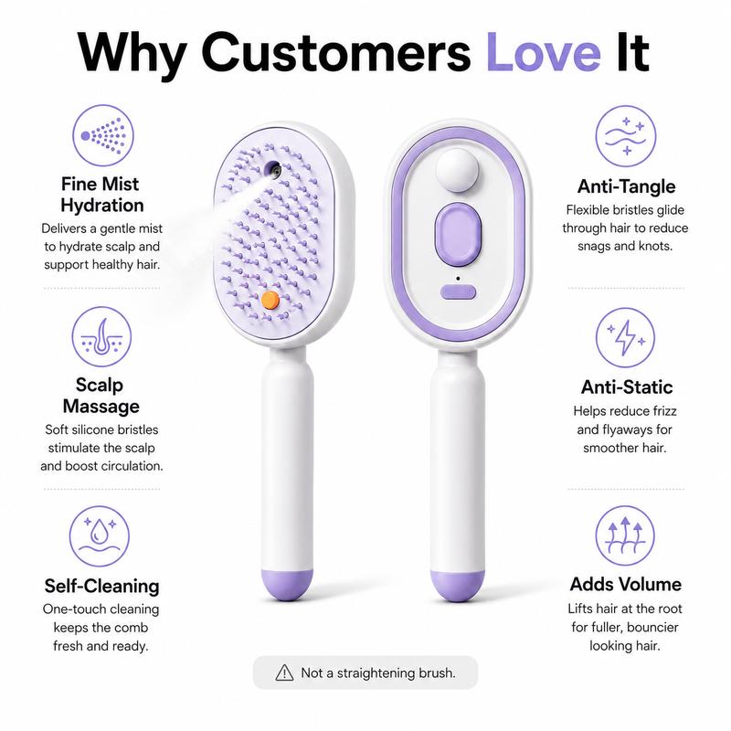 💖LAST DAY SALE 70% OFF💁‍♀️✨Electric Spray Air Cushion Massage Comb💨| Self-Cleaning Anti-Tangle ✨ | Perfect for Dry, Brittle Hair 💧🌟