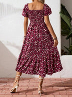 🌈✨Hopesleek® Square Neck Floral Midi Dress – Smocked Bodice, Flowy Tiered Skirt, Romantic🌸📍US