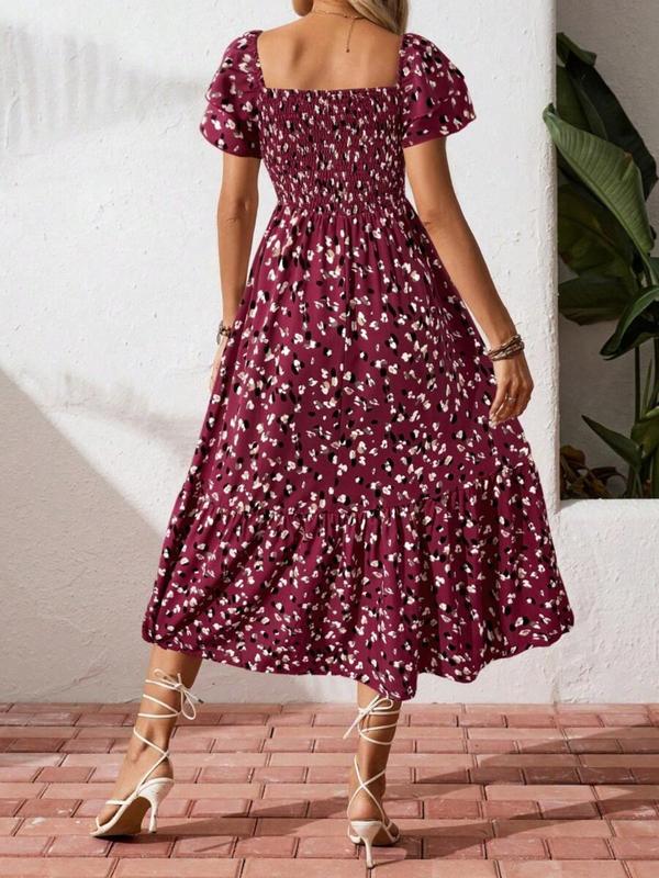 🌈✨Hopesleek® Square Neck Floral Midi Dress – Smocked Bodice, Flowy Tiered Skirt, Romantic🌸📍US