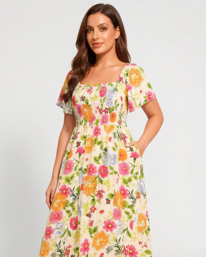 ⏰Summer Hot Sale 70% OFF💃Floral Smocked Square Neck Midi Dress with Pockets