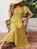 🌈✨Hopesleek® Square Neck Floral Midi Dress – Smocked Bodice, Flowy Tiered Skirt, Romantic🌸📍US