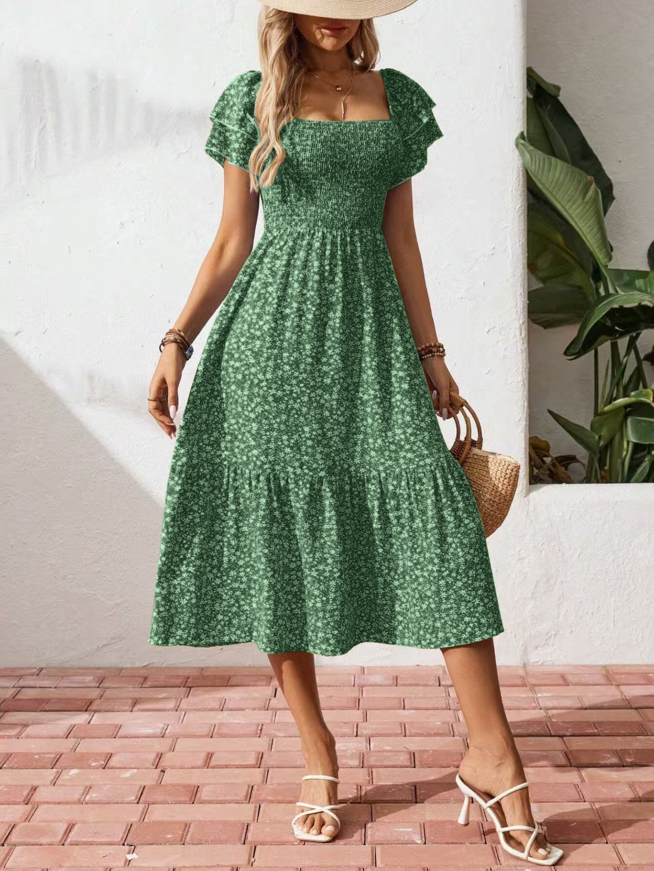 🌈✨Hopesleek® Square Neck Floral Midi Dress – Smocked Bodice, Flowy Tiered Skirt, Romantic🌸📍US