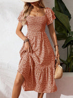 🌈✨Hopesleek® Square Neck Floral Midi Dress – Smocked Bodice, Flowy Tiered Skirt, Romantic🌸📍US