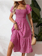 🌈✨Hopesleek® Square Neck Floral Midi Dress – Smocked Bodice, Flowy Tiered Skirt, Romantic🌸📍US