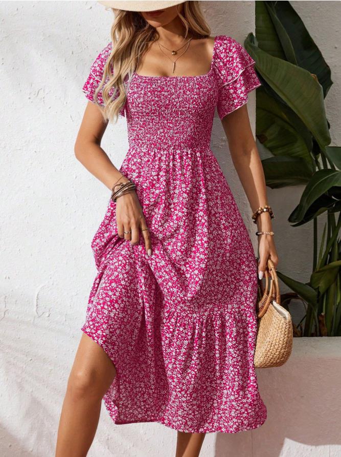 🌈✨Hopesleek® Square Neck Floral Midi Dress – Smocked Bodice, Flowy Tiered Skirt, Romantic🌸📍US