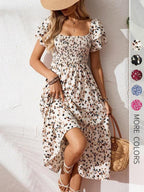 🌈✨Hopesleek® Square Neck Floral Midi Dress – Smocked Bodice, Flowy Tiered Skirt, Romantic🌸📍US