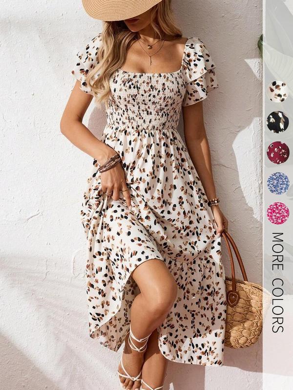 🌈✨Hopesleek® Square Neck Floral Midi Dress – Smocked Bodice, Flowy Tiered Skirt, Romantic🌸📍US
