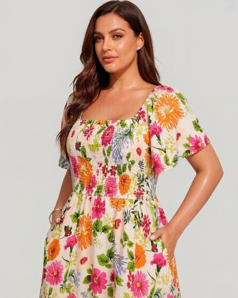 ⏰Summer Hot Sale 70% OFF💃Floral Smocked Square Neck Midi Dress with Pockets