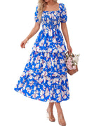 ⏰Summer Hot Sale 70% OFF💃Women's Floral Square Neck Puff Short Sleeve Smocked Tiered Dress