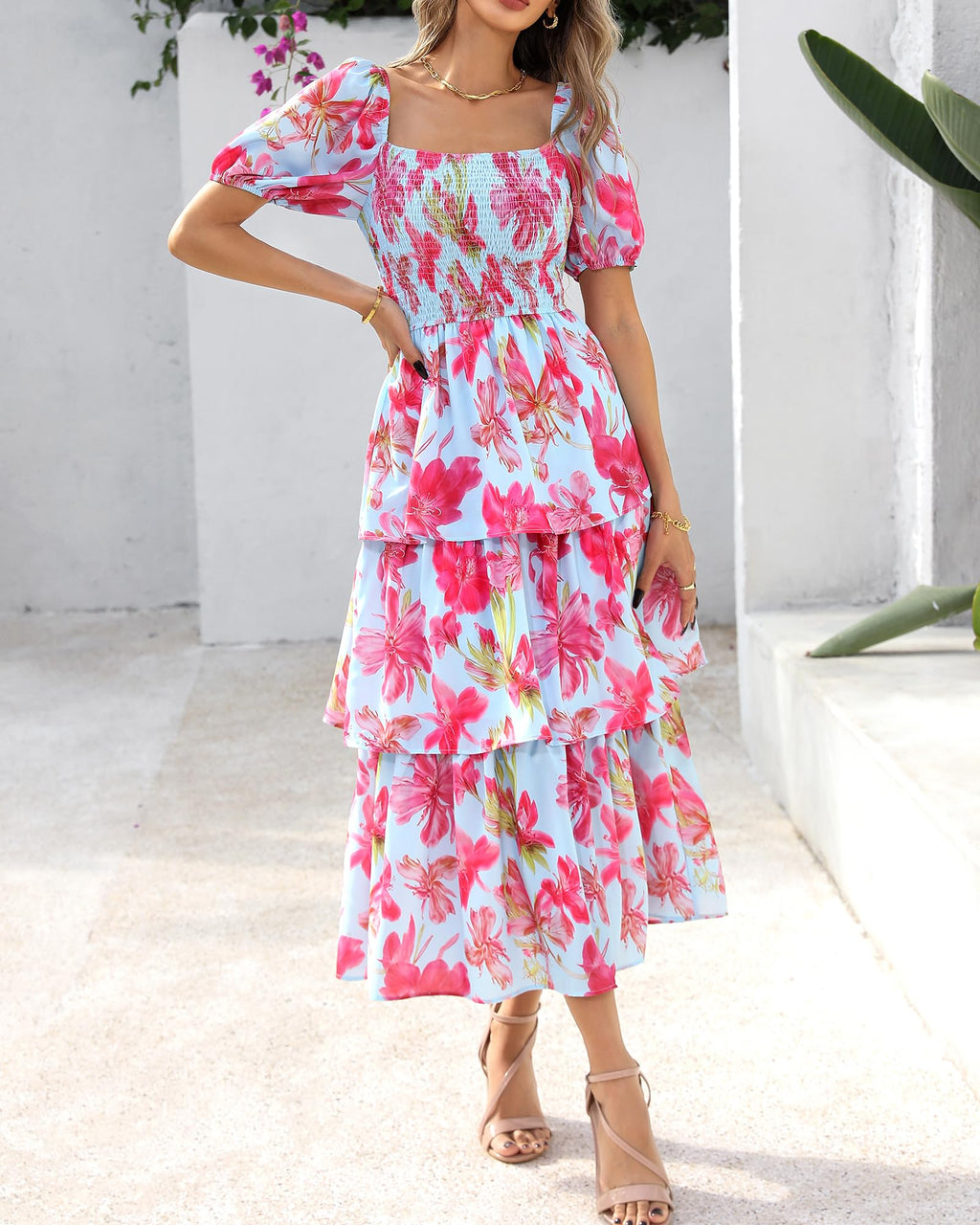 ⏰Summer Hot Sale 70% OFF💃Women's Floral Square Neck Puff Short Sleeve Smocked Tiered Dress