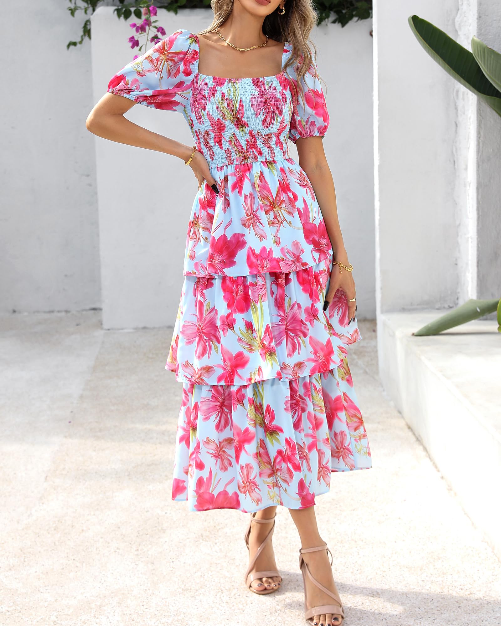 ⏰Summer Hot Sale 70% OFF💃Women's Floral Square Neck Puff Short Sleeve Smocked Tiered Dress