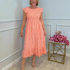 Women's Elegant Floral Print High-Waisted Ruffle Cap Sleeve Dress
