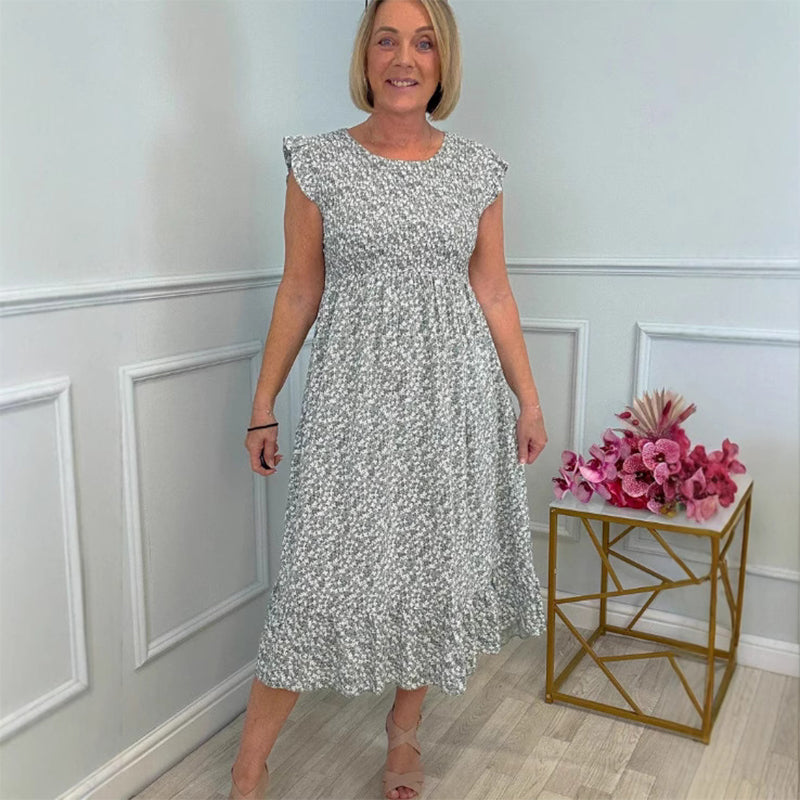 Women's Elegant Floral Print High-Waisted Ruffle Cap Sleeve Dress