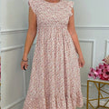 Women's Elegant Floral Print High-Waisted Ruffle Cap Sleeve Dress