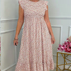 Women's Elegant Floral Print High-Waisted Ruffle Cap Sleeve Dress
