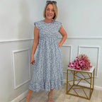 Women's Elegant Floral Print High-Waisted Ruffle Cap Sleeve Dress