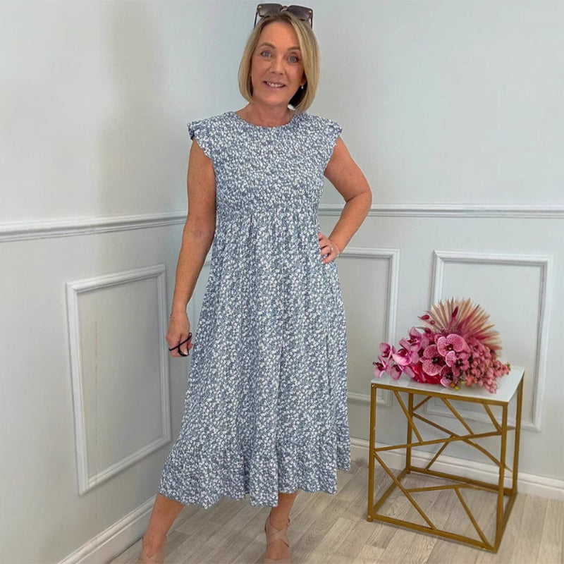 Women's Elegant Floral Print High-Waisted Ruffle Cap Sleeve Dress