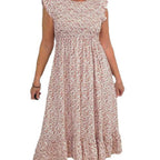 Women's Elegant Floral Print High-Waisted Ruffle Cap Sleeve Dress