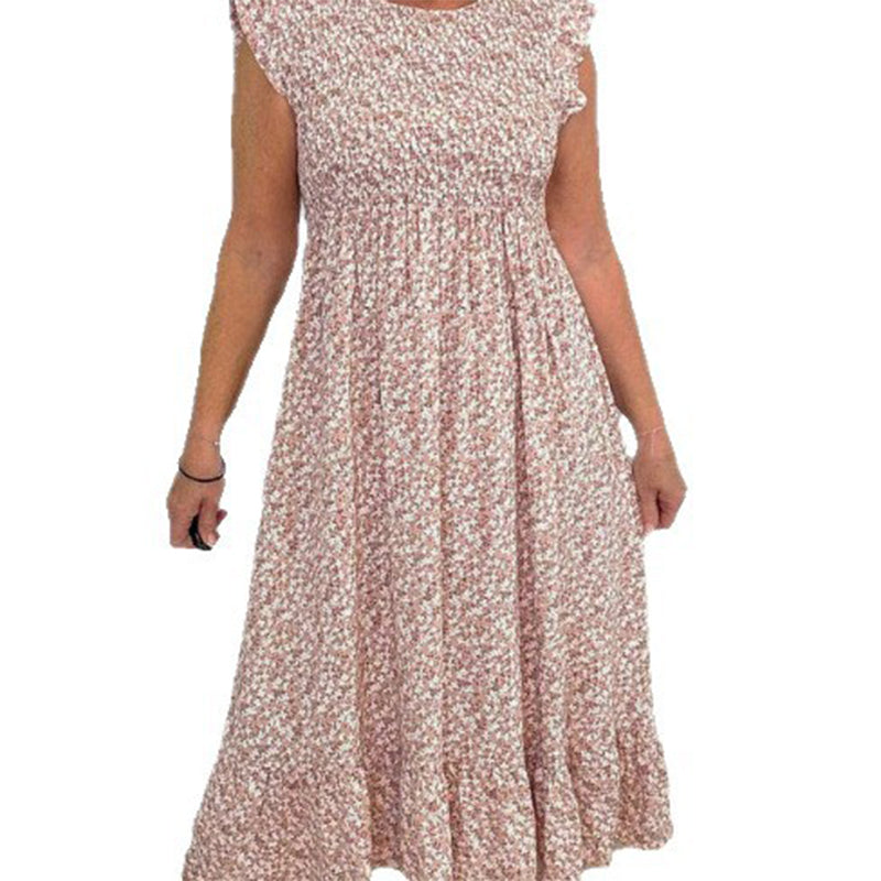 Women's Elegant Floral Print High-Waisted Ruffle Cap Sleeve Dress