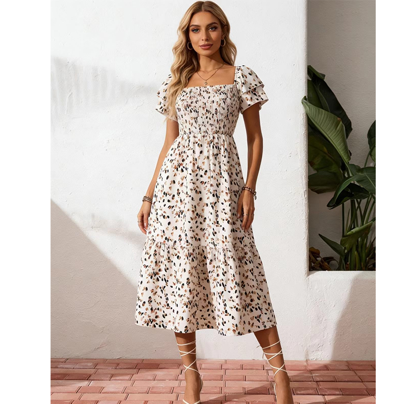 🌈✨Hopesleek® Square Neck Floral Midi Dress – Smocked Bodice, Flowy Tiered Skirt, Romantic🌸📍US