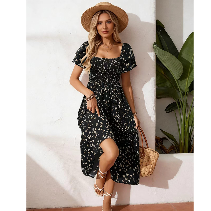 🌈✨Hopesleek® Square Neck Floral Midi Dress – Smocked Bodice, Flowy Tiered Skirt, Romantic🌸📍US