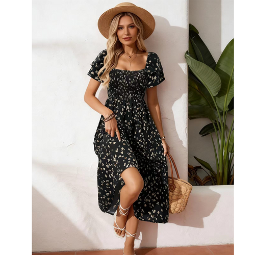 🌈✨Hopesleek® Square Neck Floral Midi Dress – Smocked Bodice, Flowy Tiered Skirt, Romantic🌸📍US