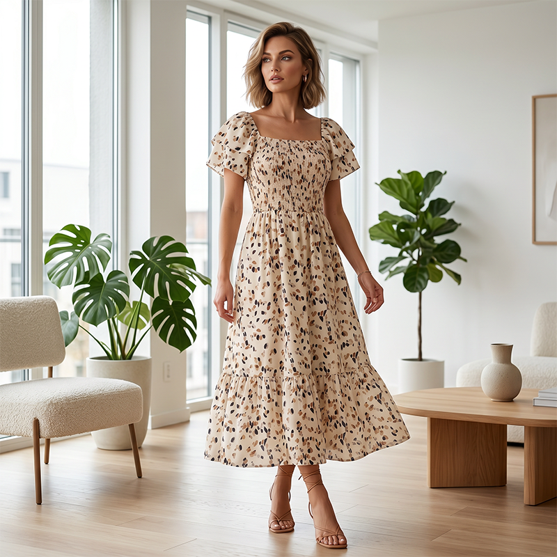 🌈✨Hopesleek® Square Neck Floral Midi Dress – Smocked Bodice, Flowy Tiered Skirt, Romantic🌸📍US