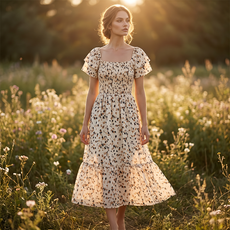🌈✨Hopesleek® Square Neck Floral Midi Dress – Smocked Bodice, Flowy Tiered Skirt, Romantic🌸📍US