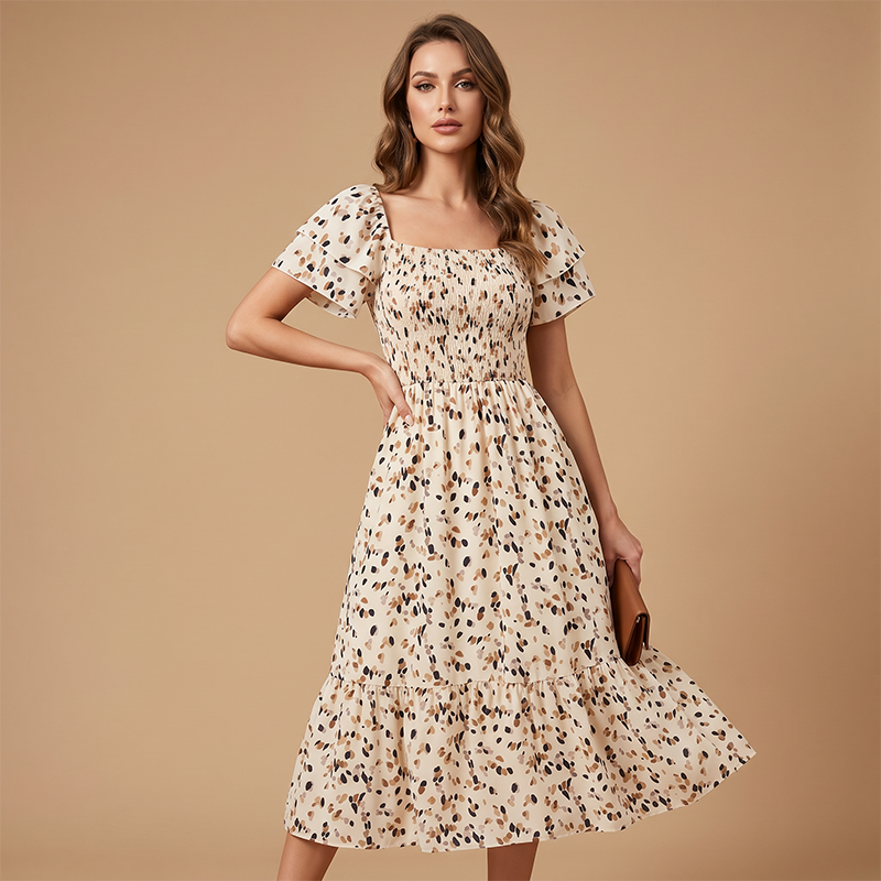 🌈✨Hopesleek® Square Neck Floral Midi Dress – Smocked Bodice, Flowy Tiered Skirt, Romantic🌸📍US