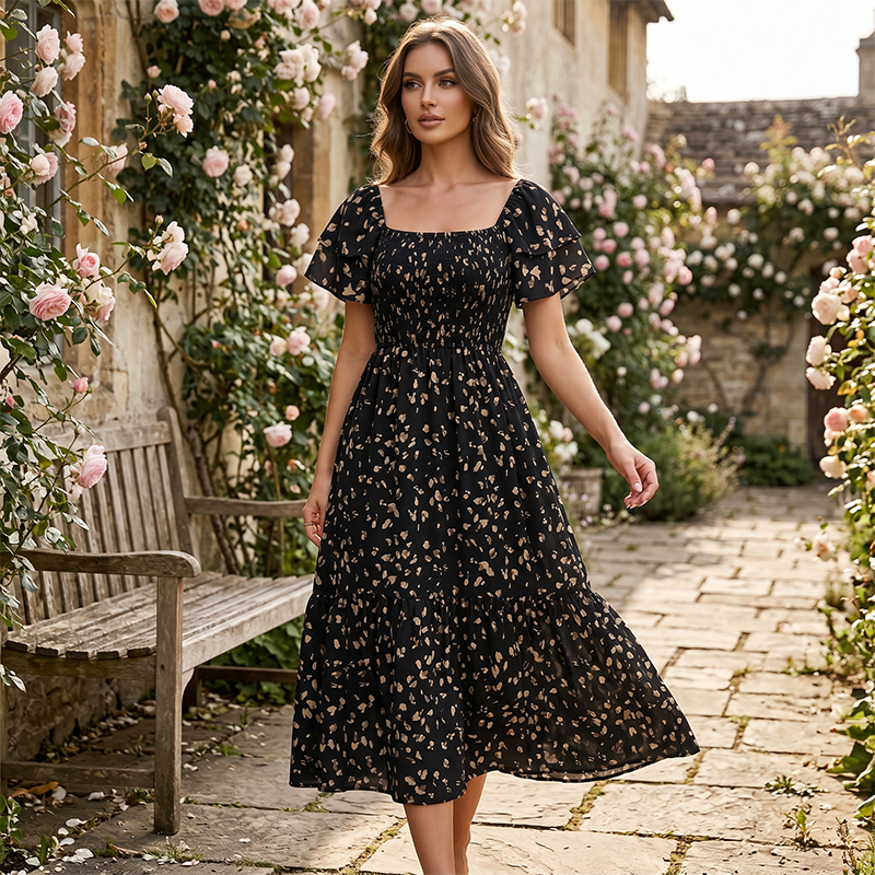 🌈✨Hopesleek® Square Neck Floral Midi Dress – Smocked Bodice, Flowy Tiered Skirt, Romantic🌸📍US