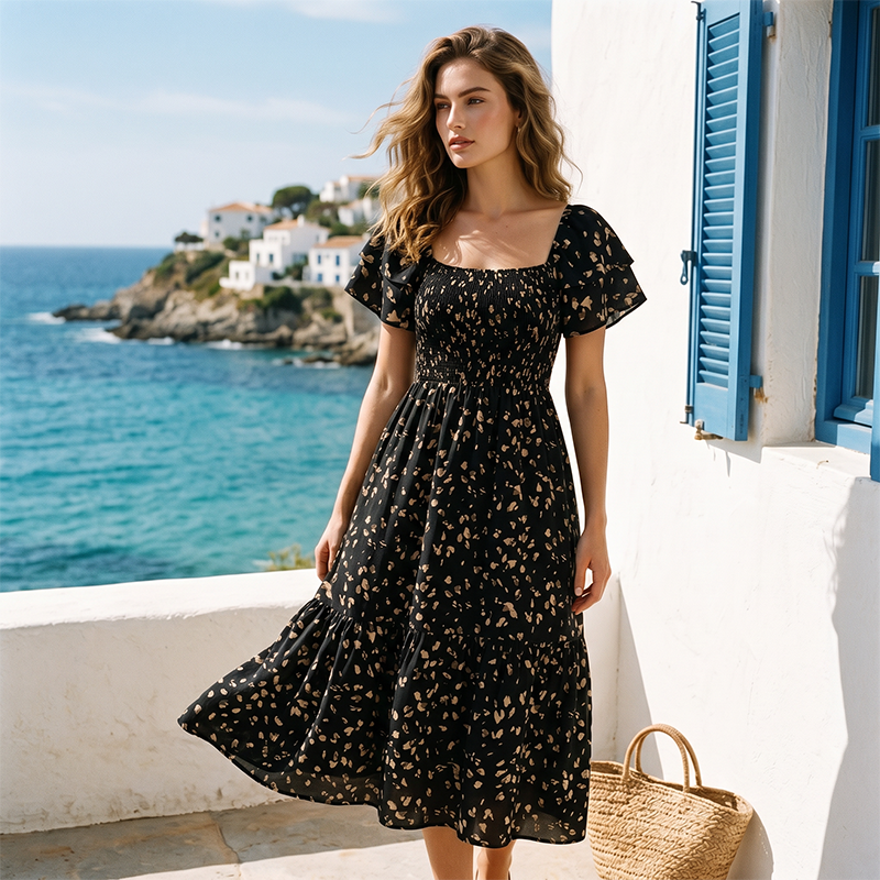 🌈✨Hopesleek® Square Neck Floral Midi Dress – Smocked Bodice, Flowy Tiered Skirt, Romantic🌸📍US