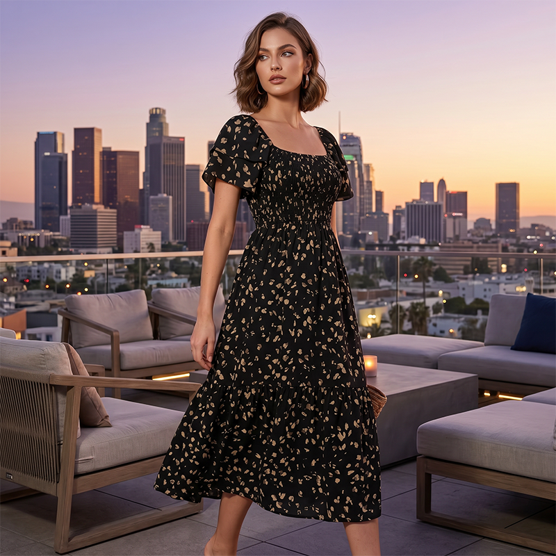 🌈✨Hopesleek® Square Neck Floral Midi Dress – Smocked Bodice, Flowy Tiered Skirt, Romantic🌸📍US