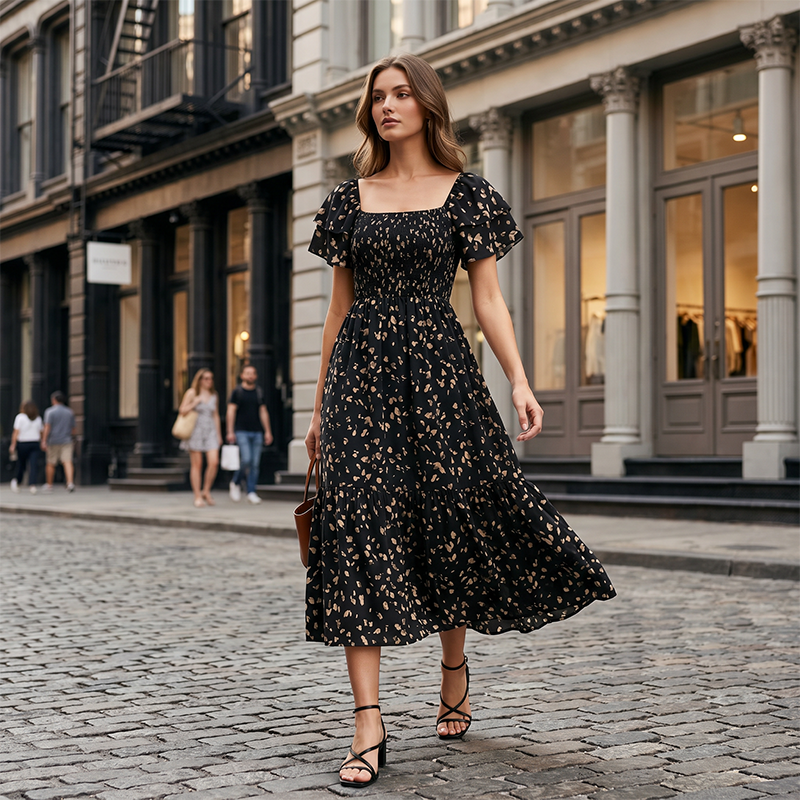 🌈✨Hopesleek® Square Neck Floral Midi Dress – Smocked Bodice, Flowy Tiered Skirt, Romantic🌸📍US